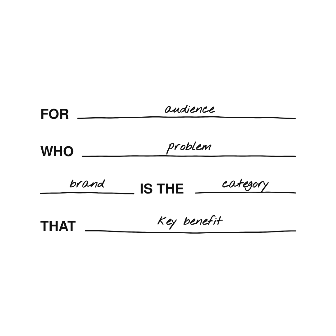 Positioning statement formula: for audience, who problem, brand is the category that key benefit